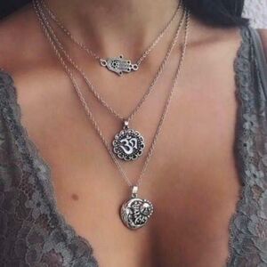 Multi Layer Bohemian Necklace Fatima Hamsa Hand OM Multi Element Silver